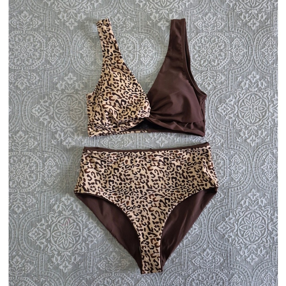 Hanna Nikole Leopard Print High Waisted Tummy Control Bikini Swimsuit NWT Medium